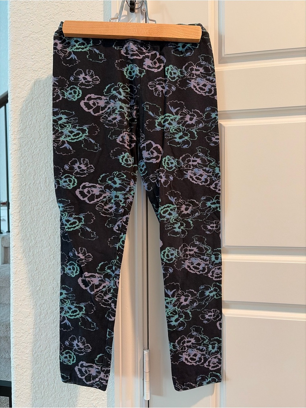 bcg Black Floral Print Leggings with Teal and Purple Accents